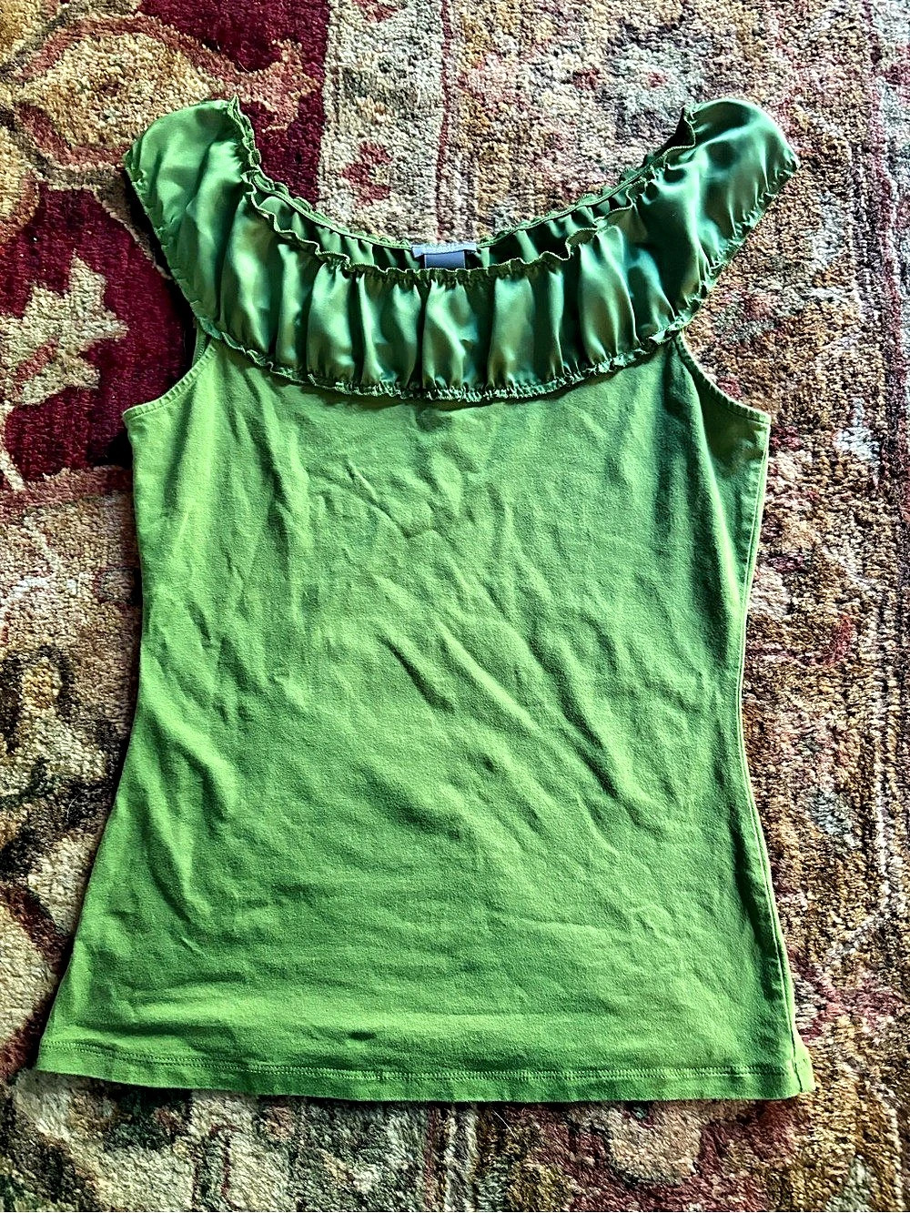 Ann Taylor Loft Green Ruffle Neck Tank Top